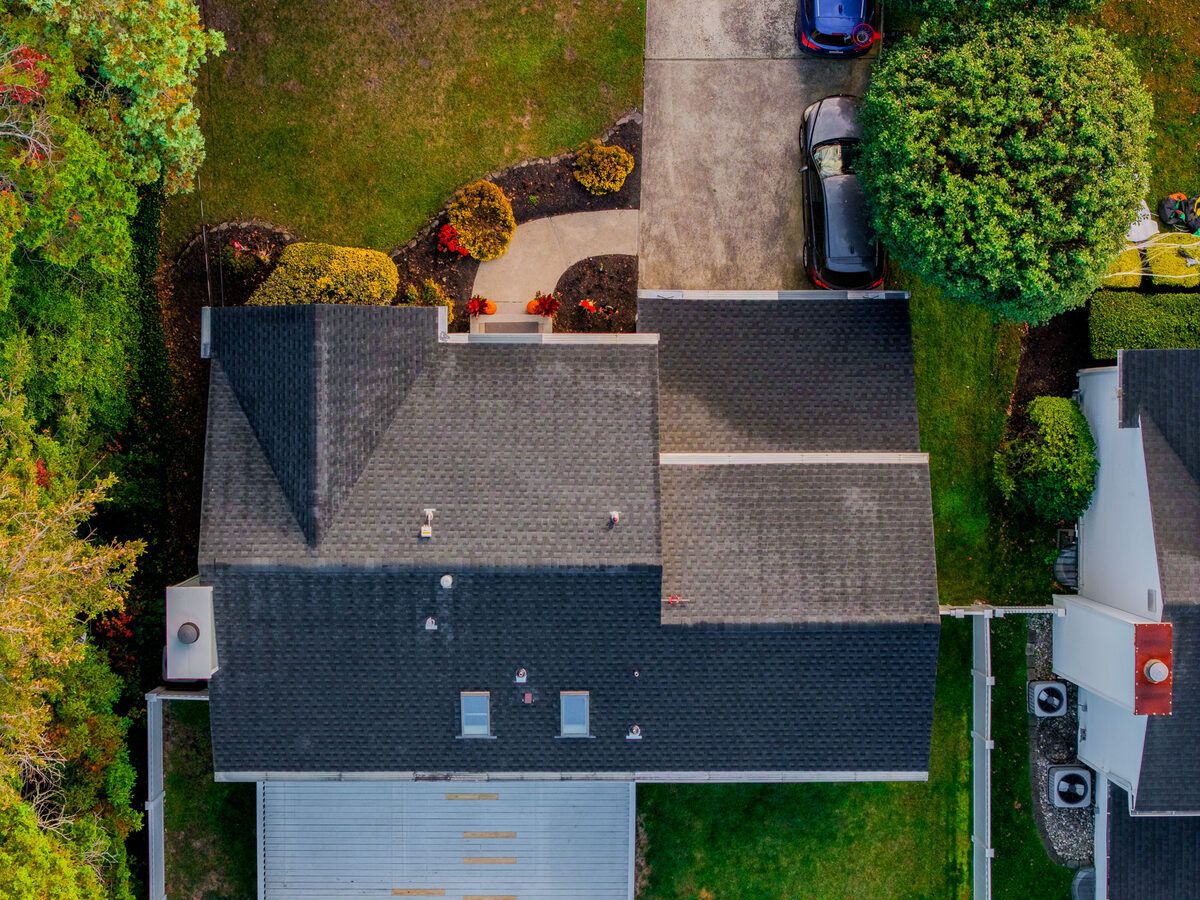 Aerial view of completed architectural shingle roof replacement in Ocean County NJ