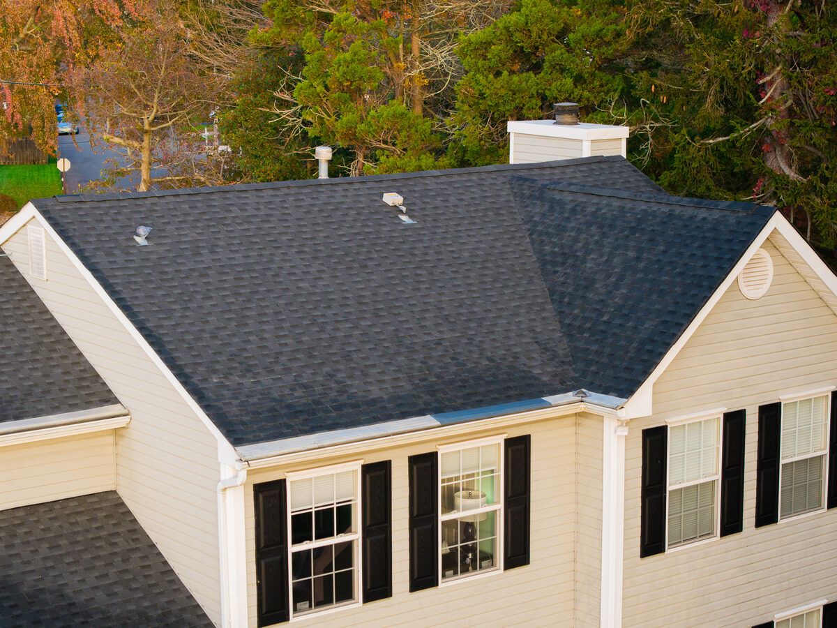 Aerial drone shot of finished residential roofing project in New Jersey